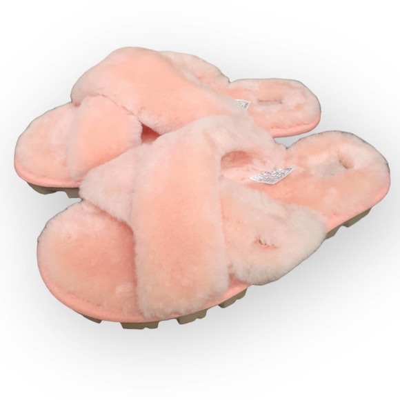 Ugg Fuzzette Beverly Pink Criss Cross Strap Fur Slippers Size 5 - Picture 2 of 12